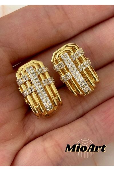 MioArt Baguette Patterned Triangle Jewelled Steel Serenay - Sarıkaya Combination Earrings