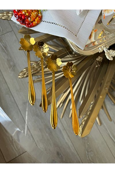 Hatice sakallı design 1 Piece of Golden Coffee, Sugar, Spice Spoon with Daisy Motif