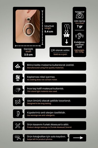 Furtek Aksesuar Women's Double Ring Pendant Model Zircon Stone Daily Earrings Silver Crystal Evening Dress Wedding Promise Henna Party