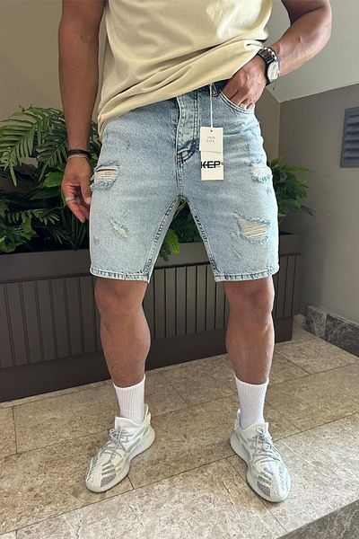 MADZEYMODA Pantaloni scurți pentru bărbați, albastru gheață, blugi rupti