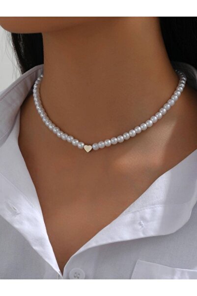 modernist Kalp Detaylı Lak Kaplama Cam İnci Kolye