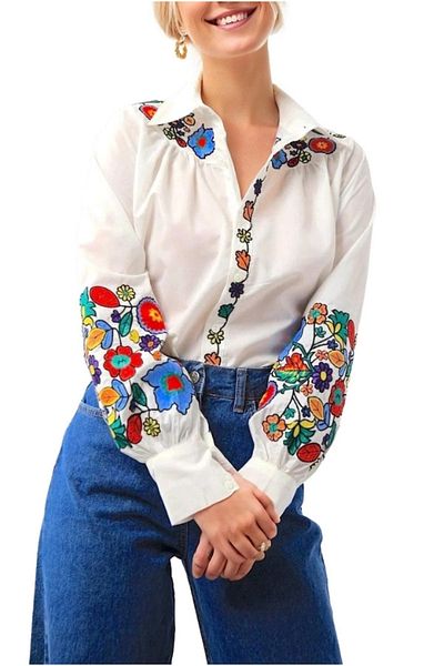 Cassime Λευκή Ποπλίνα Floral Print - Κεντημένη Μακρυμάνικη Βαμβακερή Γυναικεία Μπλούζα