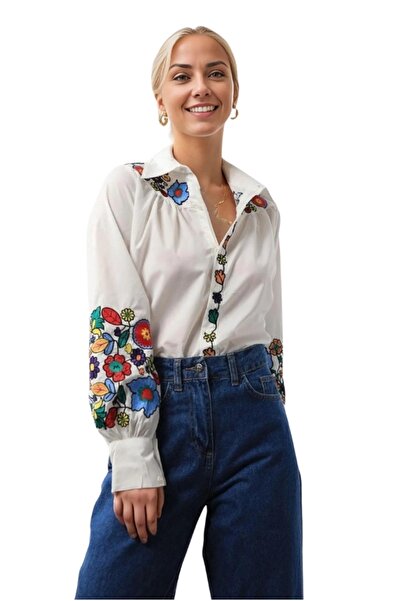 Cassime Λευκή Ποπλίνα Floral Print - Κεντημένη Μακρυμάνικη Βαμβακερή Γυναικεία Μπλούζα