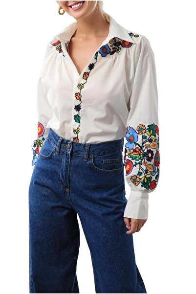 Cassime Λευκή Ποπλίνα Floral Print - Κεντημένη Μακρυμάνικη Βαμβακερή Γυναικεία Μπλούζα