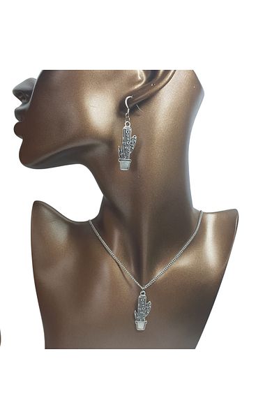 Ororabutik Silver Color 35mm Cactus Figured Necklace and Earring Set