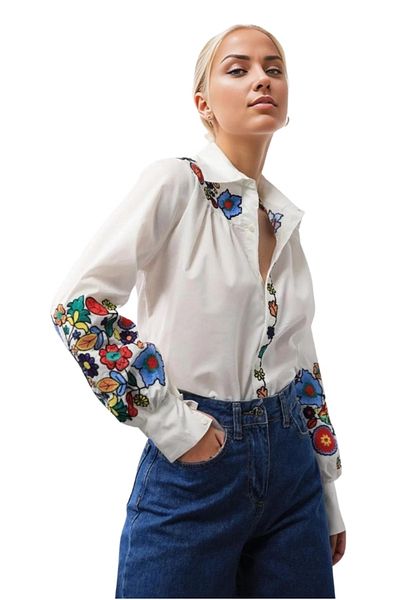 Cassime Λευκή Ποπλίνα Floral Print - Κεντημένη Μακρυμάνικη Βαμβακερή Γυναικεία Μπλούζα