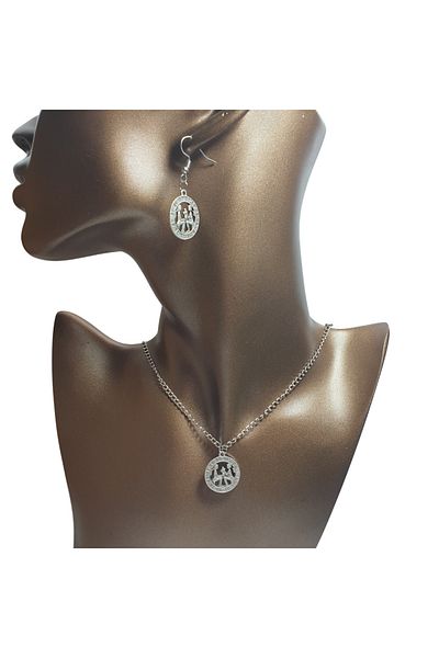 Ororabutik Silver Color 25mm Gemini Sign Figured Necklace and Earring Set