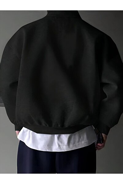 trendgar Чорний світшот унісекс оверсайз з принтованим коміром-стійкою та застібкою-блискавкою