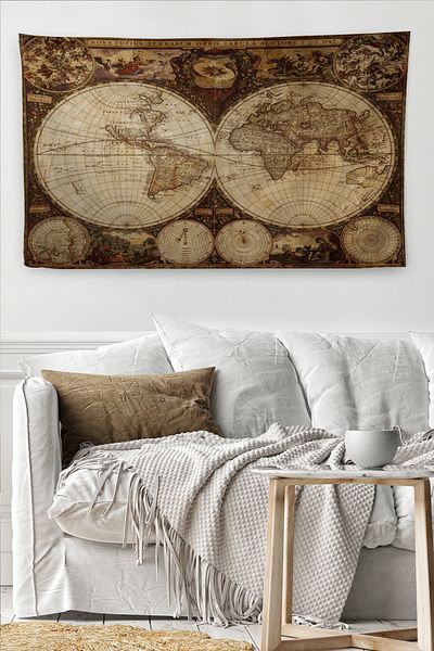 Dropcek eticaret Wintage World Map Patterned Quality Canvas Wall Carpet - 4054