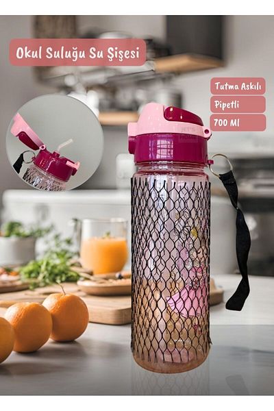 Jet's Home 700 ml Pink Polycarbonate School Water Bottle with Straw and Water Bottle