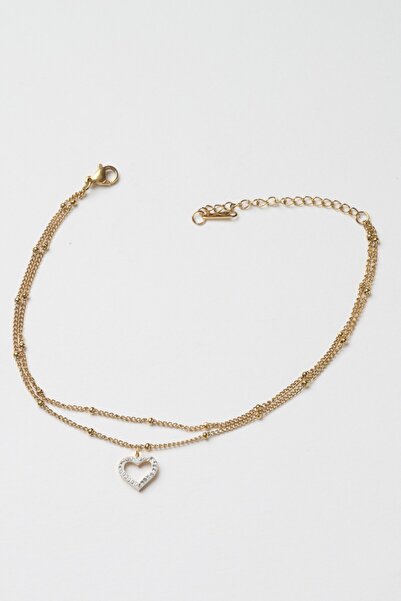 Neesa Çelik Çoklu Zincir Zirkon Taşlı Kalp  Halhal