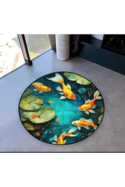 Rugs Modern Halı Abstract Theme Lake and Fish Pattern Round Woven Base Modern...