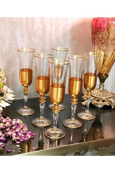 Paşabahçe Hand Decorated 6-Person Coffee Side Glass Water Cup Set, Dowry Set, Gift Set