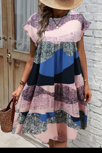 ESSFASIHON Rochie midi cu decolteu în V, colorată, cu modele mixte
