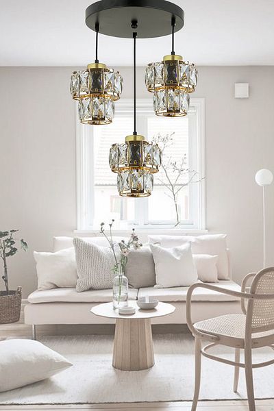 Uçar Kontes Gold - Transparent Crystal Stone, Living Room Triple Chandelier