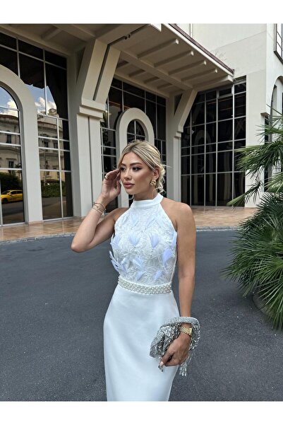 1Moda1Tarz White Lace Sequined and Pearl Detailed Feather Lined Women's Dress