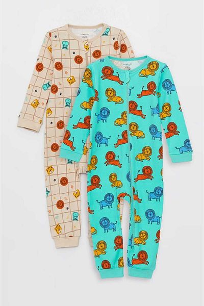LC Waikiki Beige Crew Neck Long Sleeve Printed 2-piece Baby Boy Rompers Set