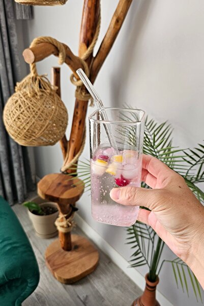 Gülümseten Avm 350ml Square Coffee Glass - 2-Piece Straw, Soft Drink and Cold Coffee Glass
