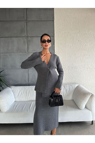 İKRAFASHİON Knitwear Skirt and Jacket Set - Single Button