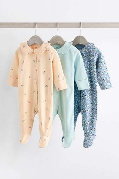 Next Baby Cream Colored Floral Patterned 100% Cotton 3-Piece Overalls Set