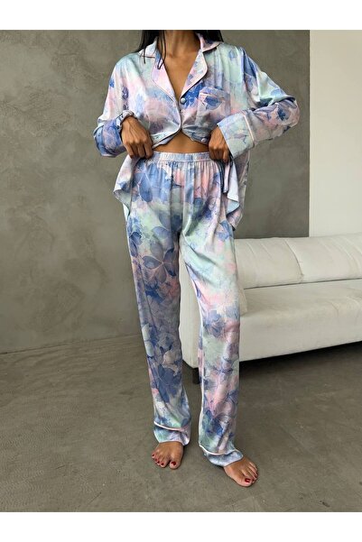 BELLA MOON MAVİ ÇİÇEKLİ SATEN PİJAMA TAKIMI