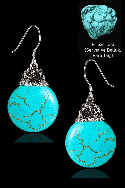 Tesbih Atölyesi Turquoise Stone Zircon Earrings - Certified and Turquoise Stone Coin Model