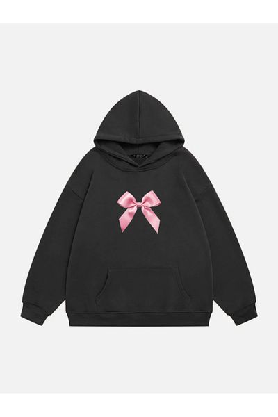 Mad&Calf Women's Oversize Fleece Hooded Sweatshirt - Pink Ribbon Printed
