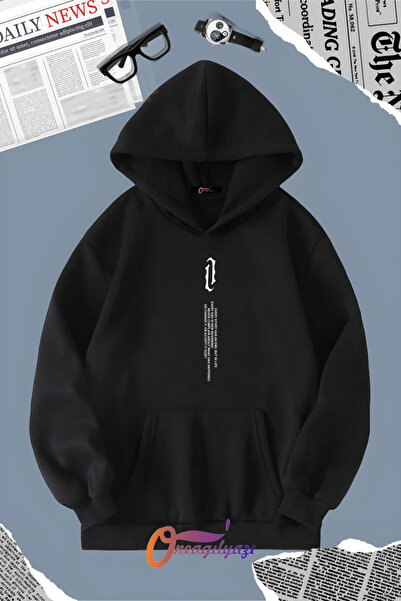 oneagılyazı سويت شيرت بغطاء للرأس مطبوع عليه نص عمودي