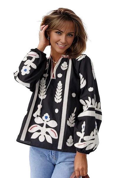 Cassime Black Embroidered White Long Sleeve Cotton Women's Blouse