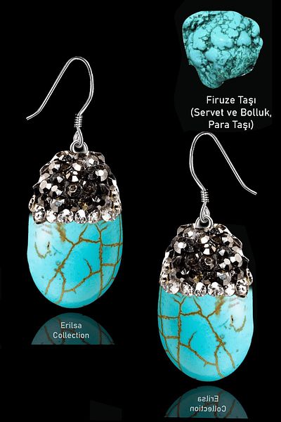 Tesbih Atölyesi Zircon and Turquoise Stone Oval Model Earrings - Certified (Turquoise Stone)