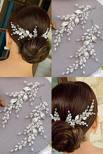 BBA TULLE STORE ÇİFTLI GELİN TACI 2 AD GELİN YAN MODEL GÜMÜŞ YAPRAKLI GELİN KRİSTAL TAÇ