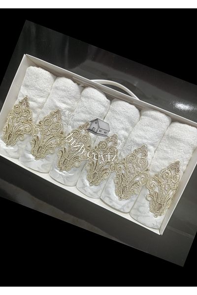 Hızlı Çeyiz Luxury Laced Satin - Patterned Boxed Dowry 30x50 Hand Face Towel Set of 6