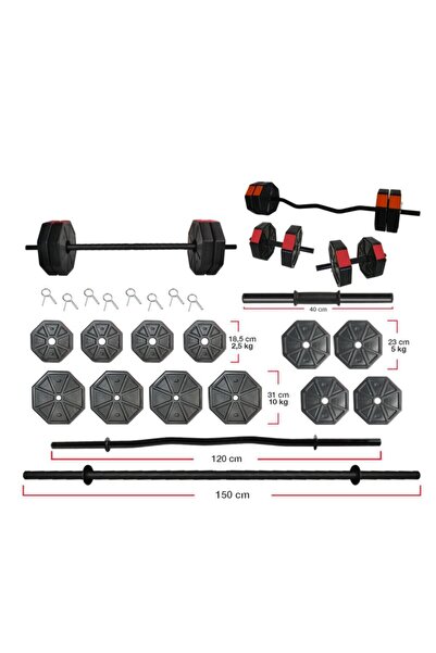 Genel Markalar 70kg Düz Bar 150cm+ Z Bar 120cm Dambıl Halter Full Set Kırmızı Kapaklı