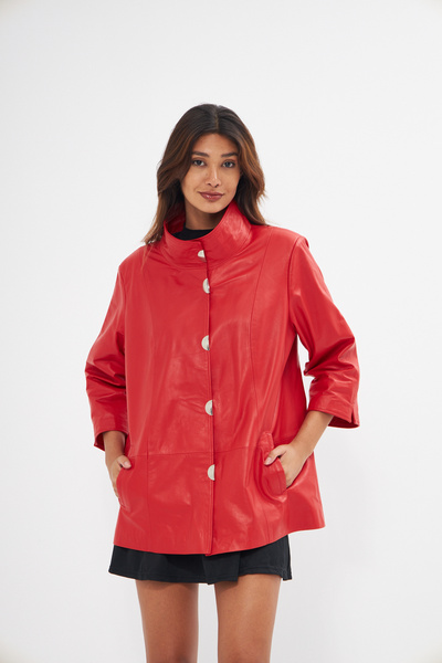 MEECY Red Genuine Leather Women's Jacket - Bat Sleeve and Snap Detail on the Front