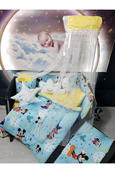 bebek_iklimi 70x110 Baby Sleeping Set with Mosquito Net Mickey Pattern 12 Pieces Compatible with Park Cribs (crib is not included)