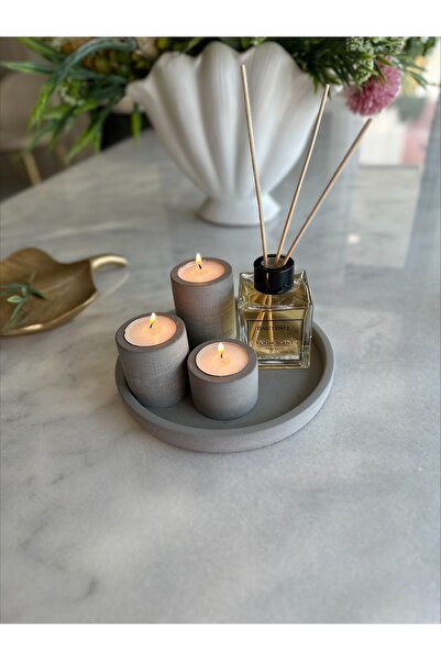Bautinq Store Beton Tepsili 3Lü Mumluk ve Bambu Çubuklu Oda Kokusu Set (TEALİ...