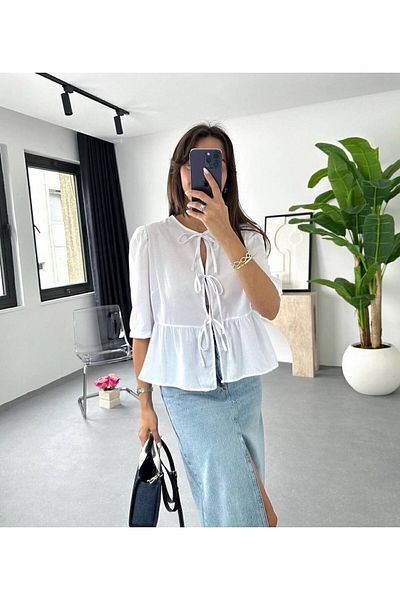 Flow Collarless Short Sleeve Lace-Up White Shirt