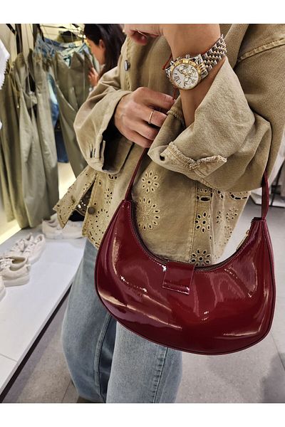 Mercan Stores Women's Patent Leather Buckle Detailed Baguette Hand and Shoulder Bag