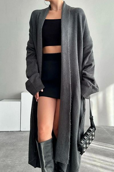 motina Anthracite Colored Women's Long Cardigan - Shawl Collar