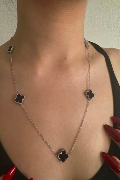alsaccessories Women's Silver Color Black Color Clover Steel Necklace on Chain