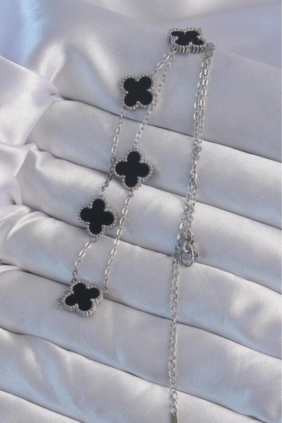 Neiçin Silver Steel Black Enamel Clover Necklace - for Delicate Neck
