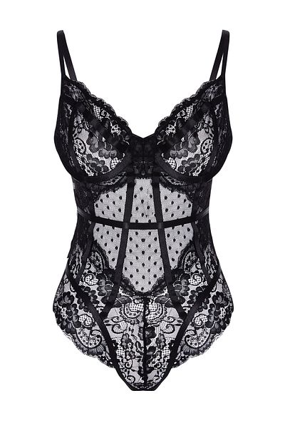 Trendyol Collection Schwarzer Spitzen-Body mit Druckknopfverschluss und Seilriemen THMAW24BD00005
