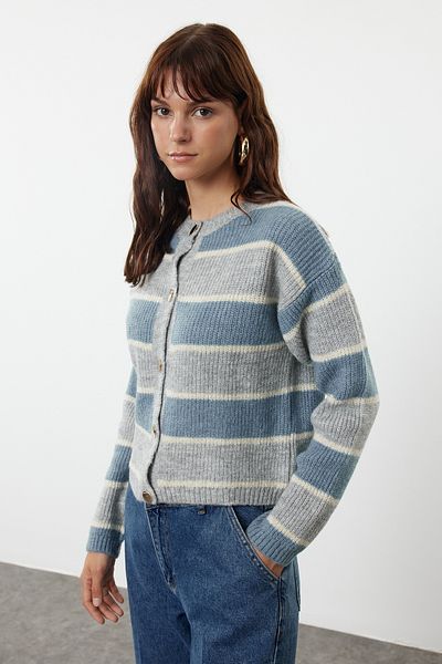 Trendyol Collection Crew Neck Gray Knitwear Cardigan - Soft Texture, Color Block Twoaw25Hi00279