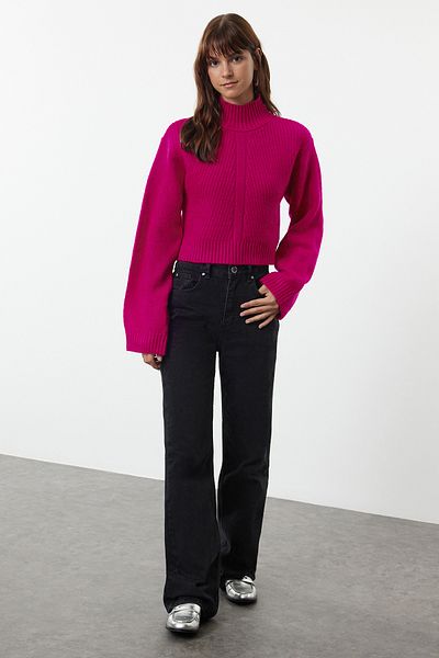 Trendyol Collection Pulover din tricot cu guler vertical cu textura moale fucsia TWOAW24KZ00320