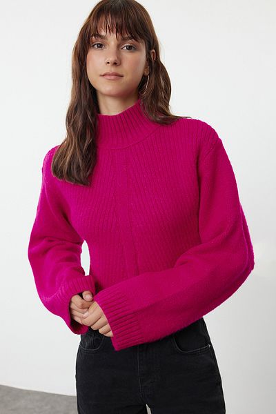 Trendyol Collection Pulover din tricot cu guler vertical cu textura moale fucsia TWOAW24KZ00320