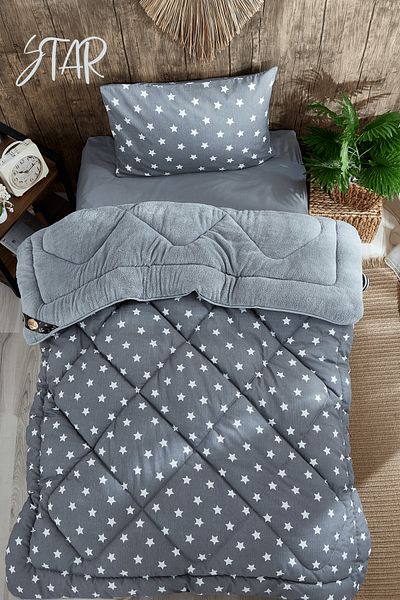 MARLA HOME Star Big Gray Patterned - Single Double Sided Welsoft Quilt Set, Wellsoft Blanket Fluffy Soft