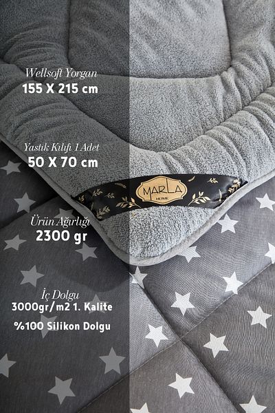 MARLA HOME Star Big Gray Patterned - Single Double Sided Welsoft Quilt Set, Wellsoft Blanket Fluffy Soft