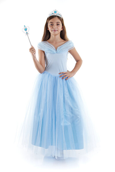 Lizsa Kız Çocuk Mavi Renkli Prenses Sindirella Kostümü - Kız Çocuk Prenses Si...