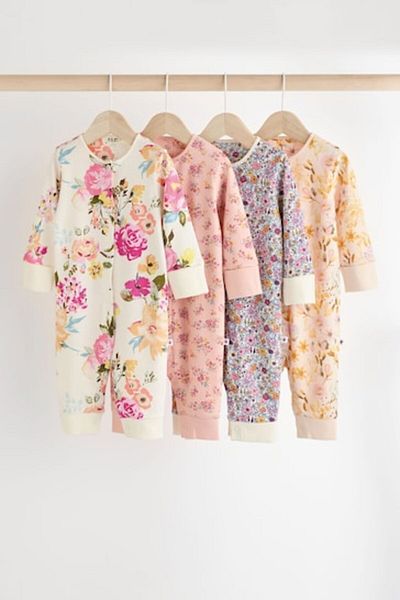 Next Baby Set of 4 Cotton Orange Floral Patterned Sleepsuits