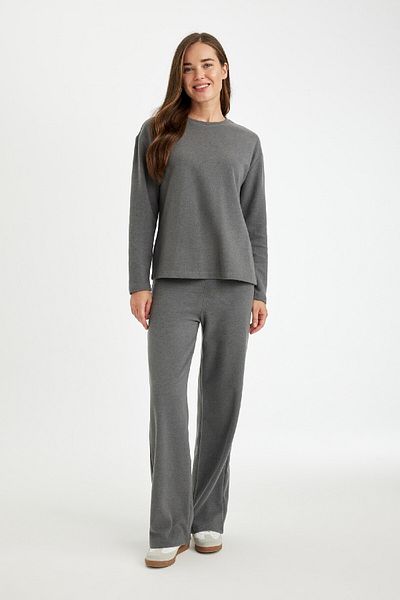 DeFacto Antrasit Triko Pantolon Wide Leg Geniş Bol Paça Selanik Kumaş Basic Düz D0361ax24au